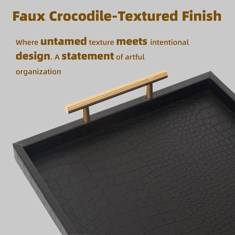 MACVAD Set of 2 Modern Elegant Large Wood Serving Tray, Rectangle Decorative Tray Ottoman Tay Coffee Table Tray, Black Crocodile Leather with Gold Polished Metal Handles - Image 5